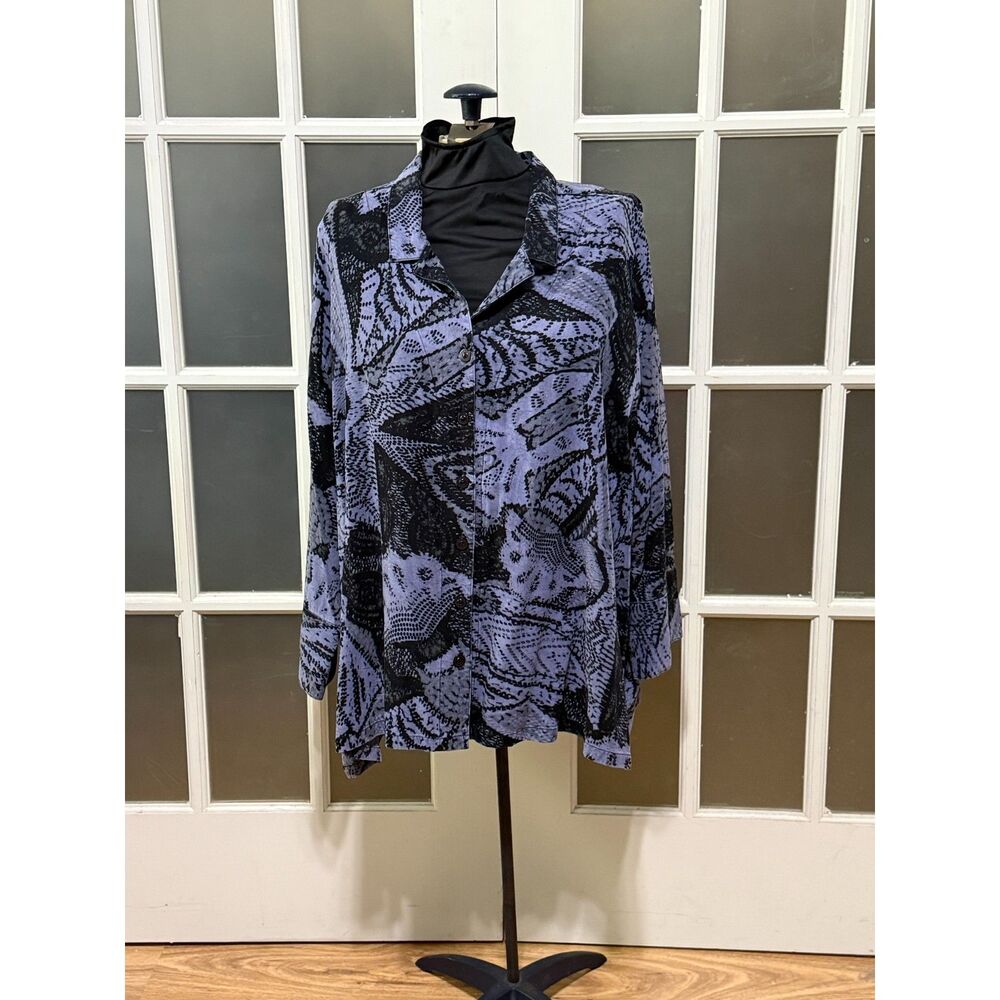 Tianello Art to Wear Tencel Blouse Blue Black Abstract Print Plus Size 2X